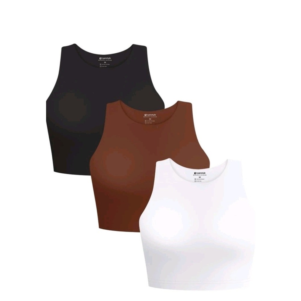 Cyanstyle Women 3 PC Tank Tops Sleeveless Cropped Racerback S Brown White Black